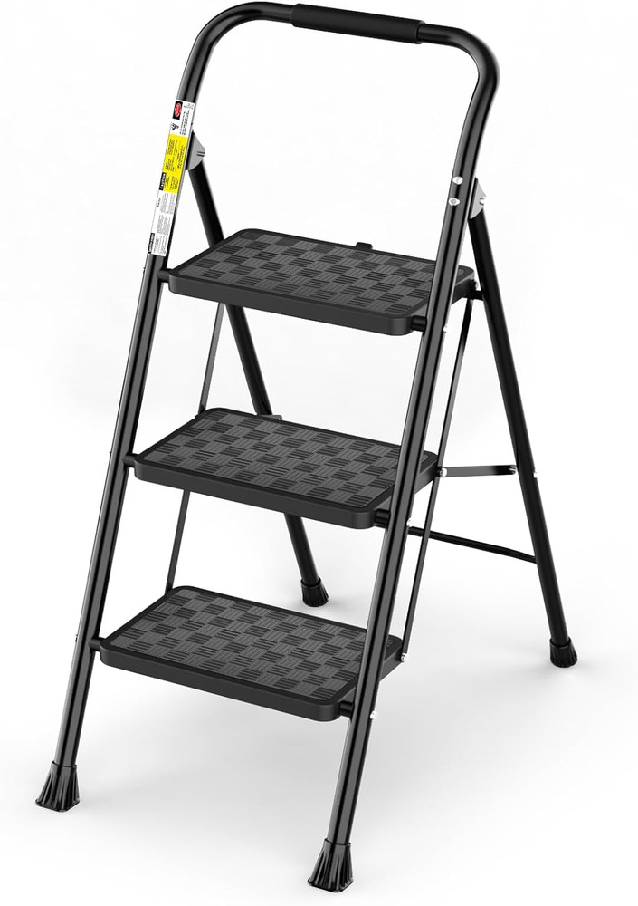 3 Step Ladder, 3 Step Stool for Adults, 3 Step Ladder Folding Step Stool with Cu