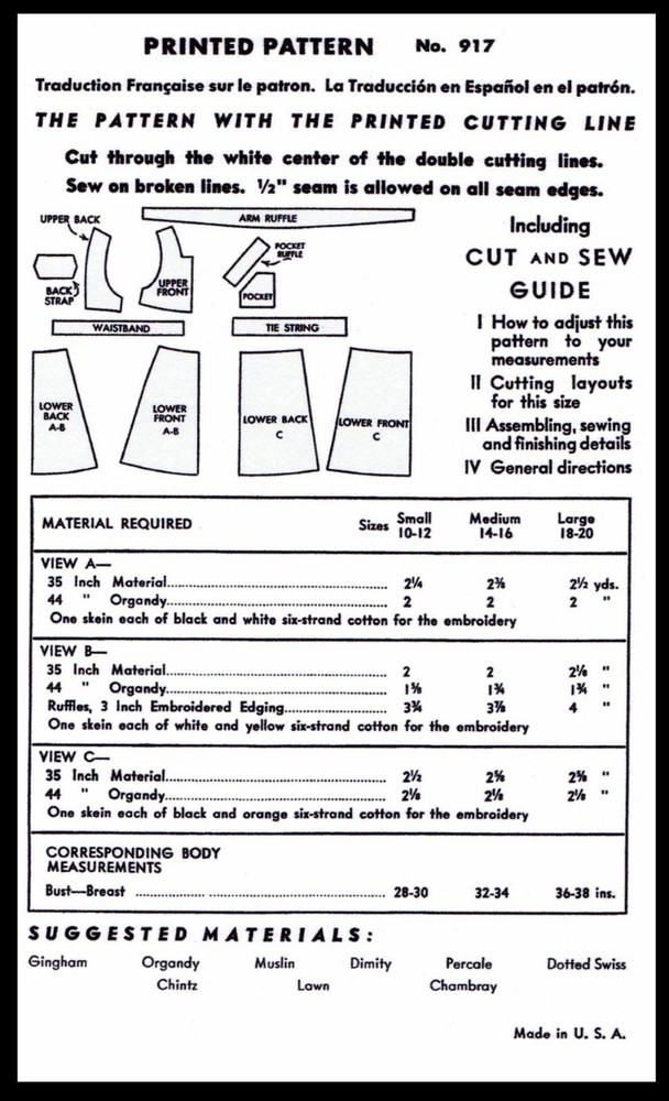 McCall # 917 Bib APRON pattern 1940's Small or Medium COPY