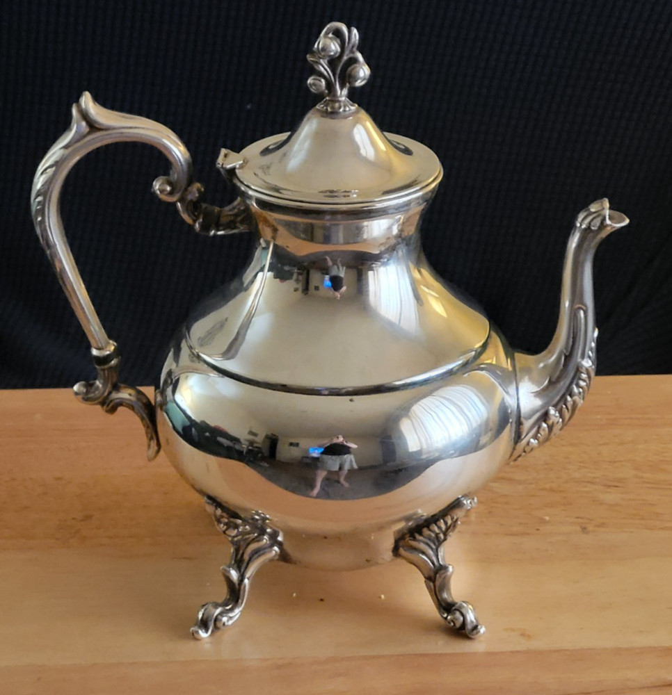 Vintage Silver on Copper Ornate Four Footed TeaPot w/ Hinged Lid