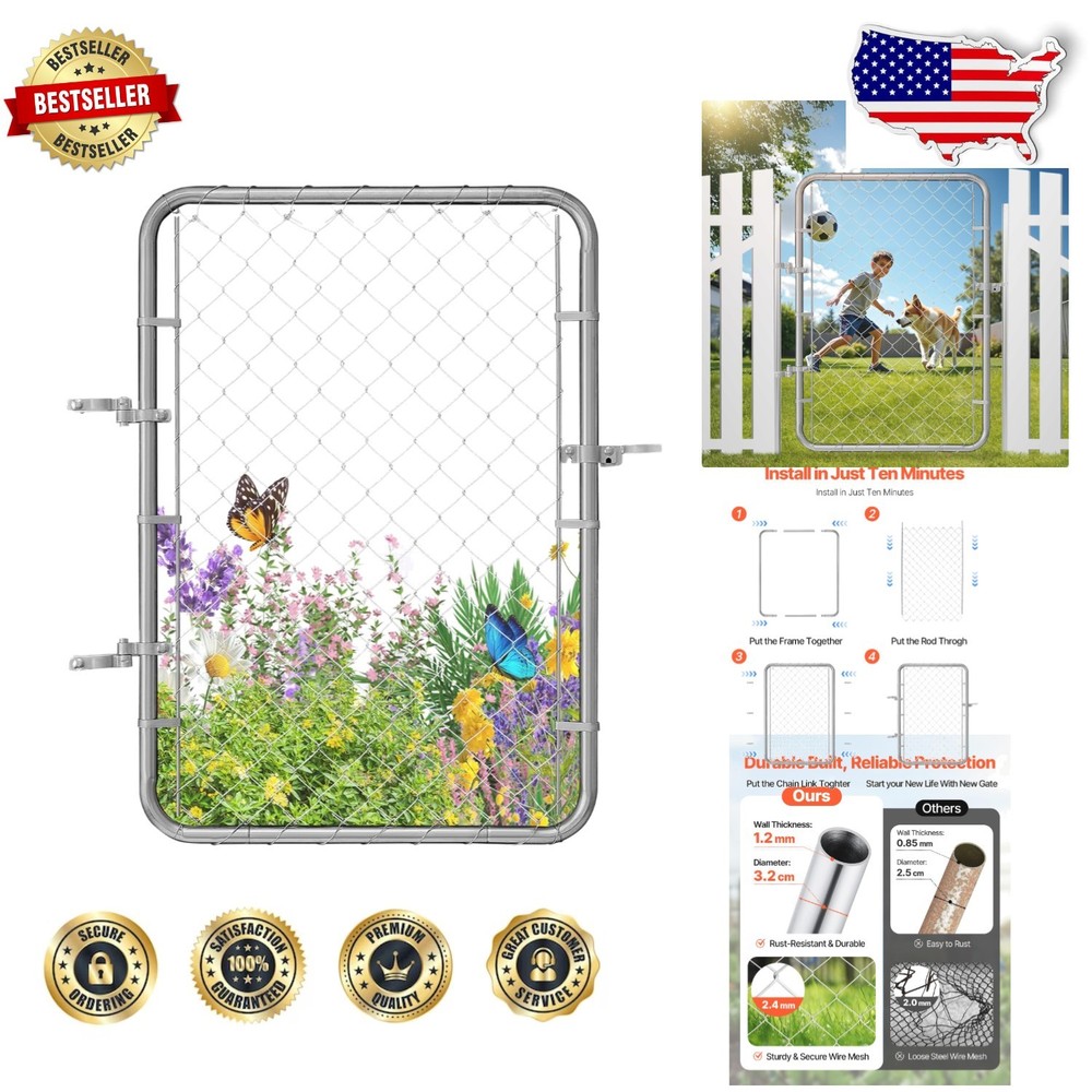 Adjustable Chain Link Fence Gate 32x46" Rust-Resistant Galvanized Yard Security