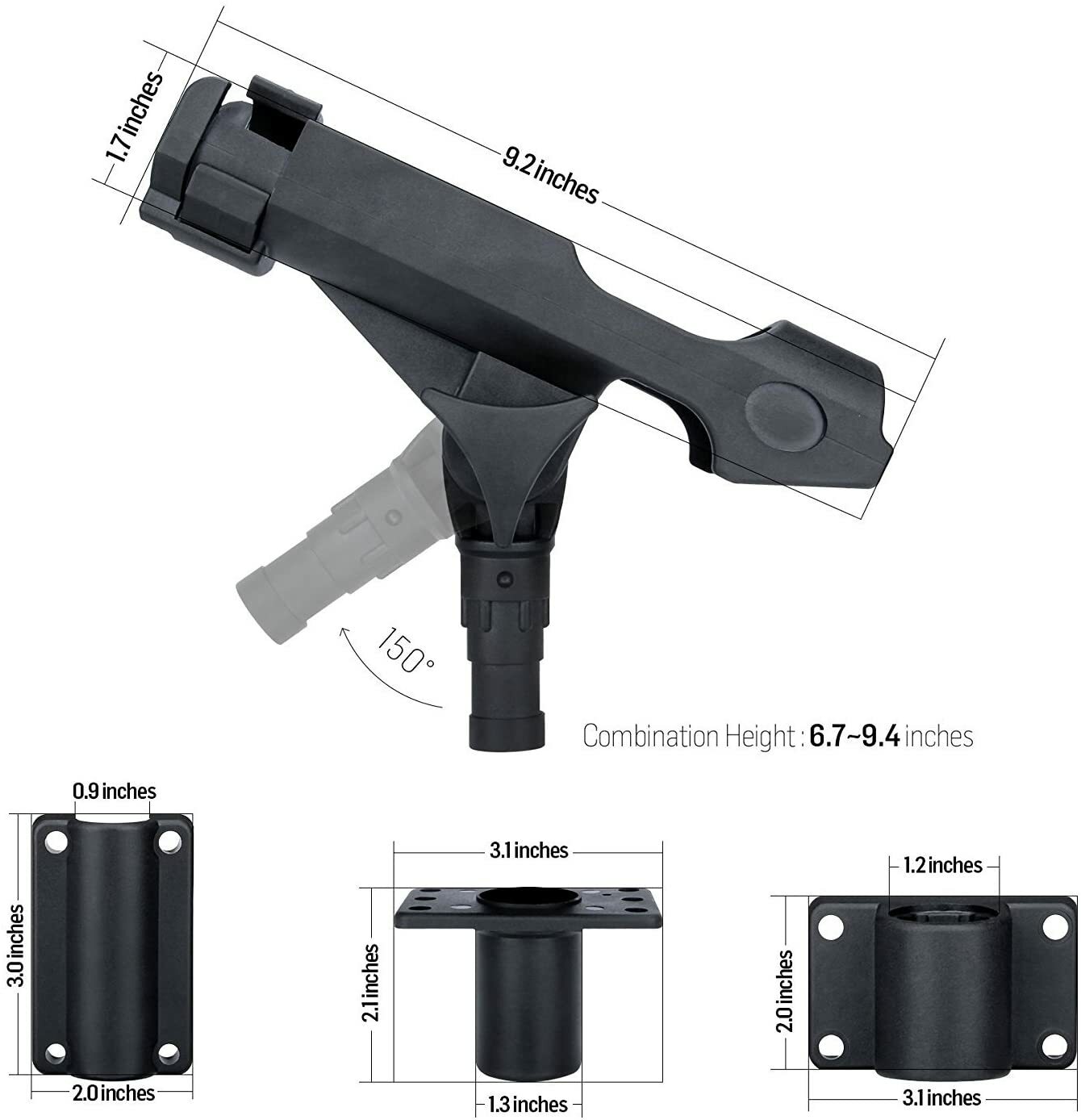 Adjustable Fishing Rod Holder for Boat, Kayak, pontoon boat with 3 Mount