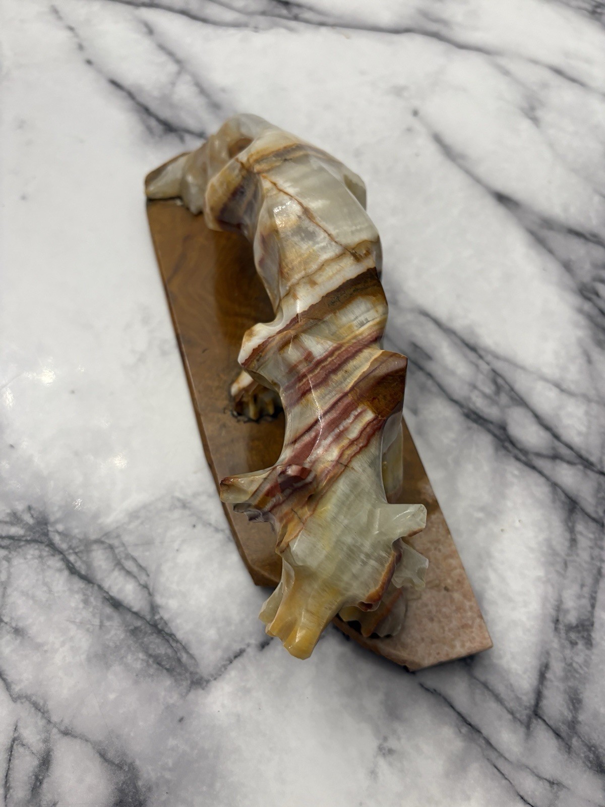 Vtg Hand Carved Onyx Tiger Large Rare Piece on 12" Marble Base HEAVY Alabaster