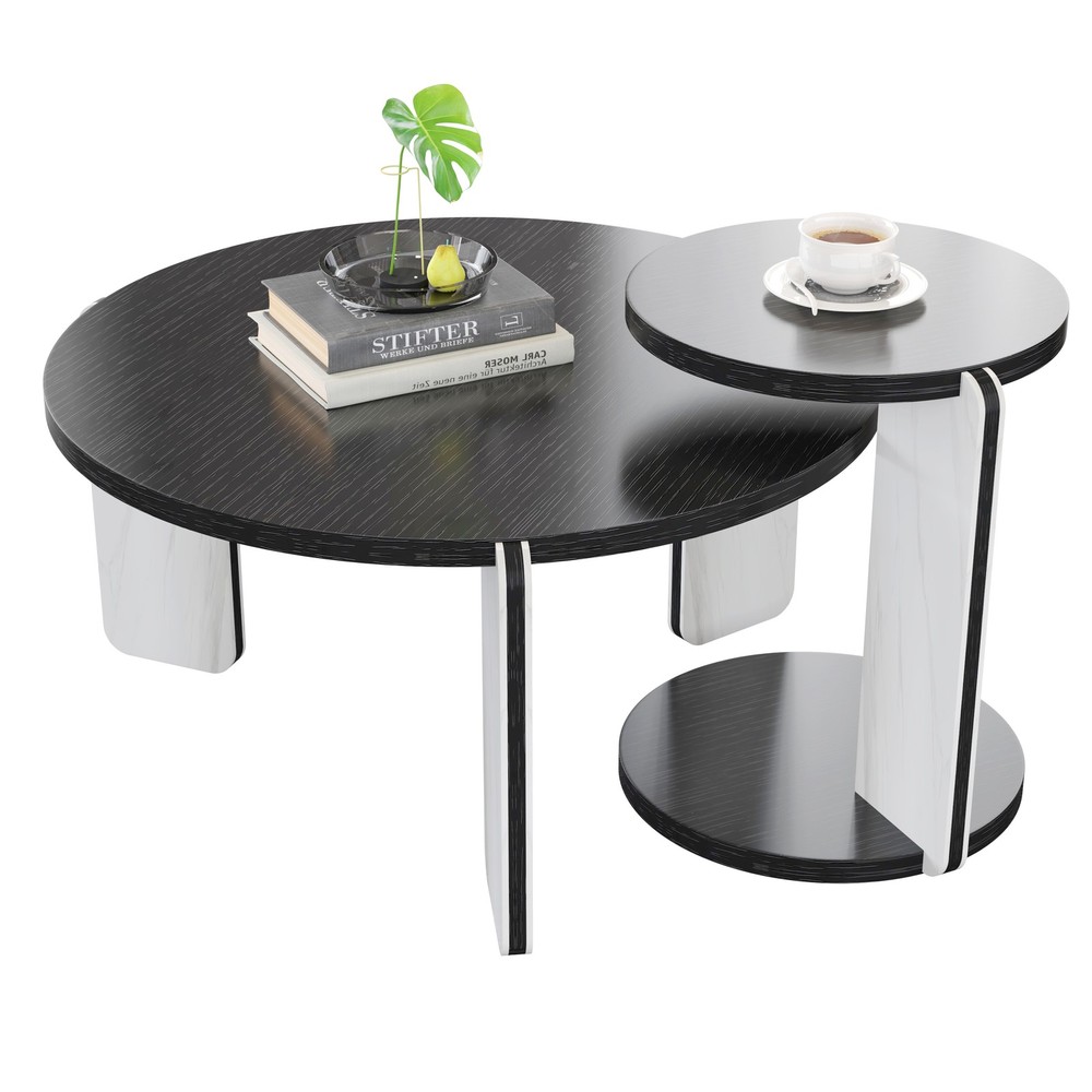 32.68" & 16.93" round coffee table end table sofa table side table set with bla