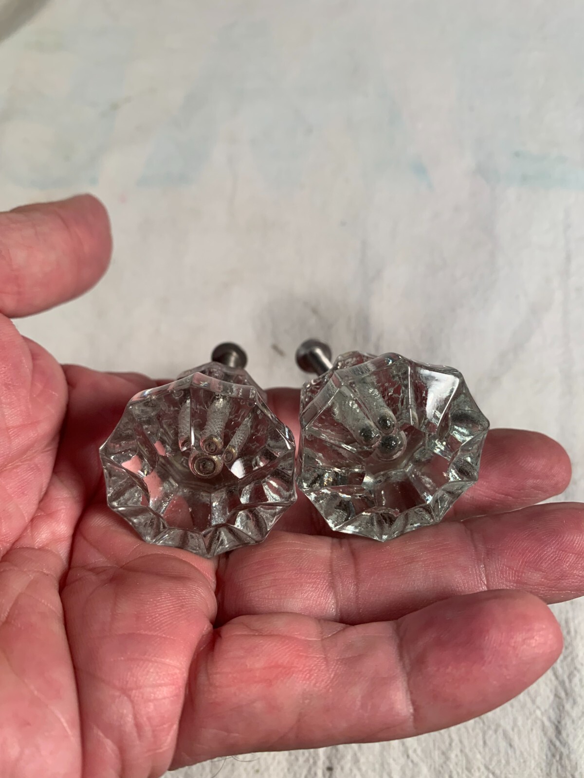 Vintage pair Glass0 Faceted Knobs 1&1/2in wide complete w/ mounting Bolt c1890s