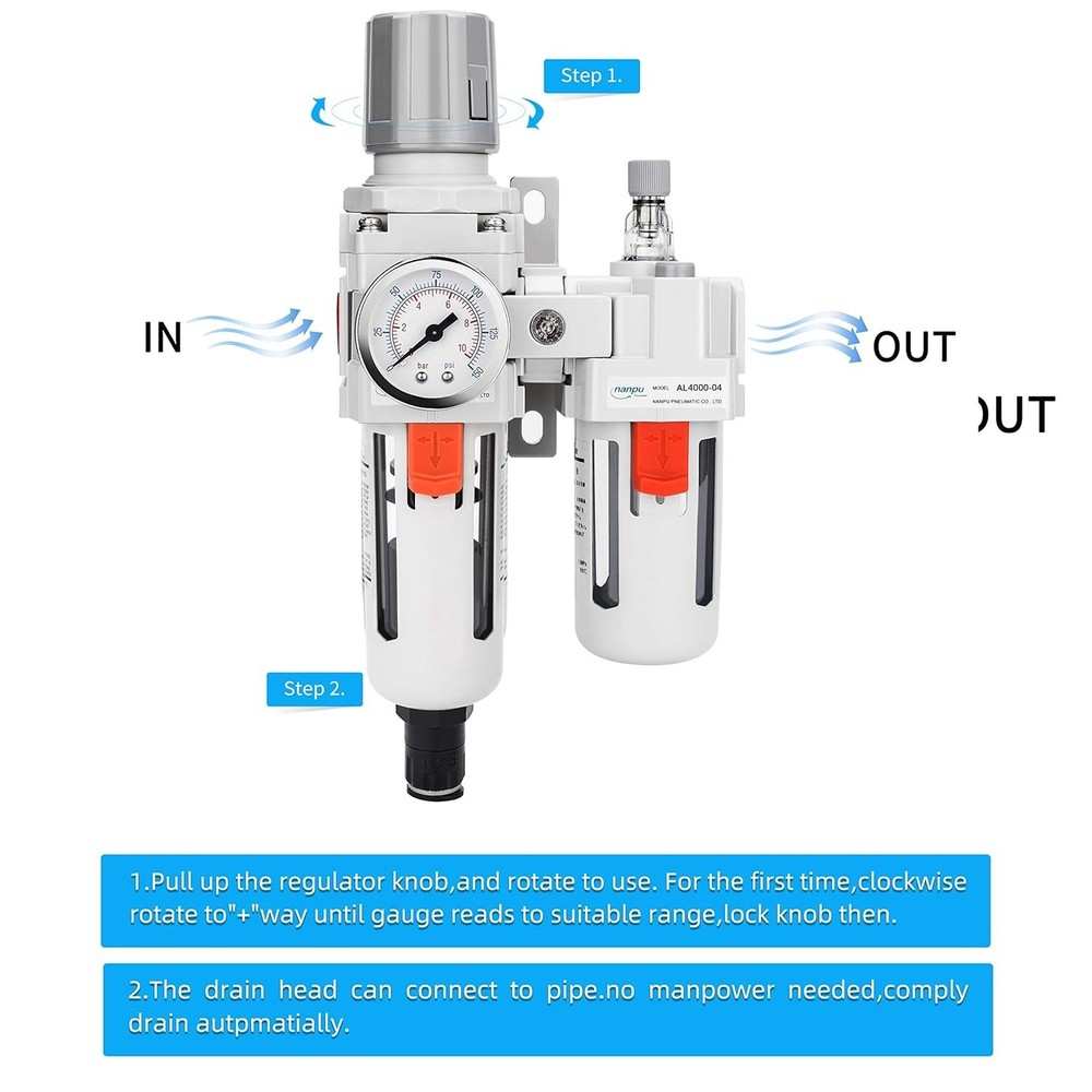 Efficient 1/2" NPT Air Filter Regulator Lubricator Combo with Gauge & Bracket
