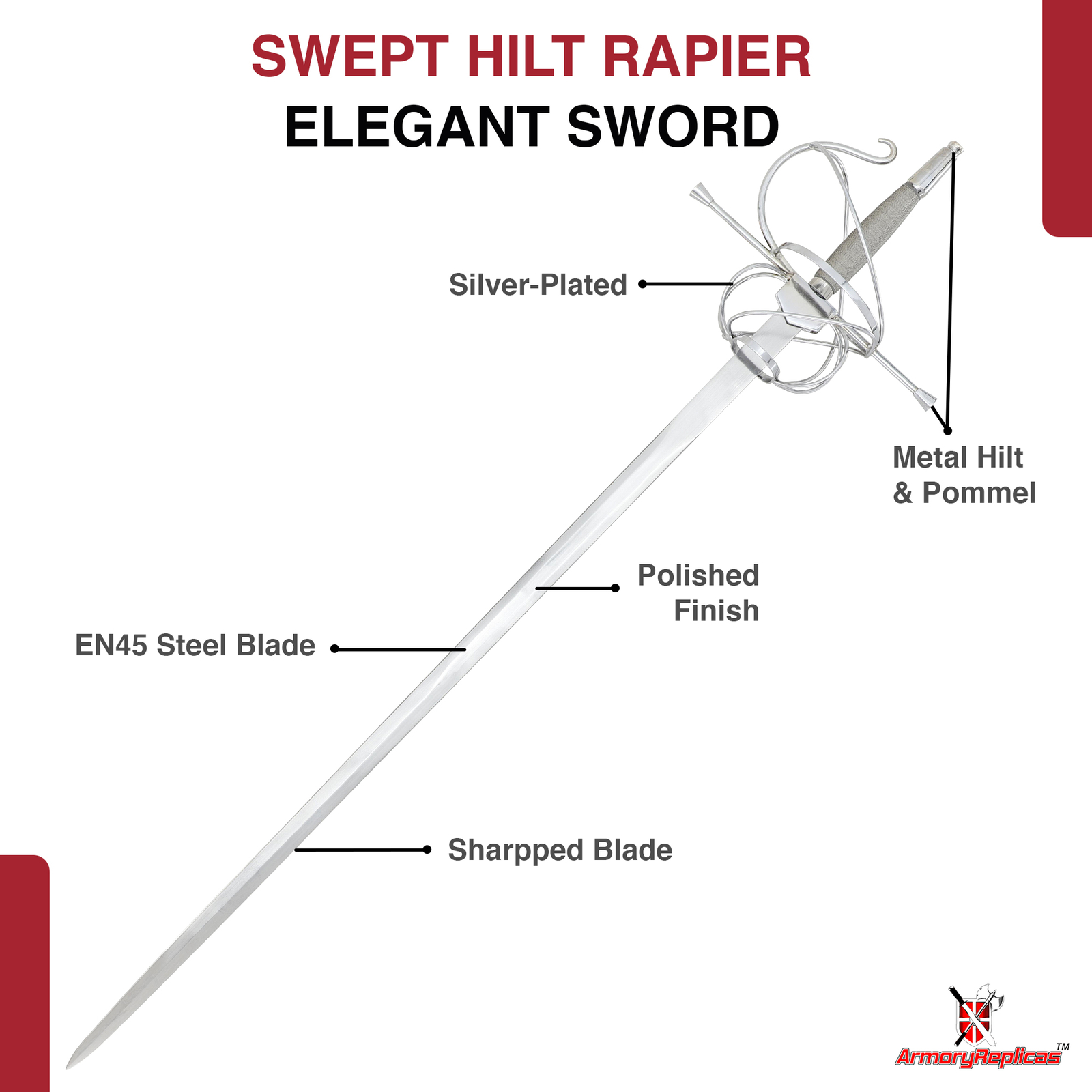 Historical Swept Hilt Rapier Sword 45 Inches with Polished Nickel Silver Accents