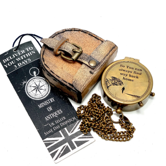 ENGRAVED POCKET COMPASS & KEYCHAIN NAUTICAL HANDMADE COMPASS & LEATHER POUCH