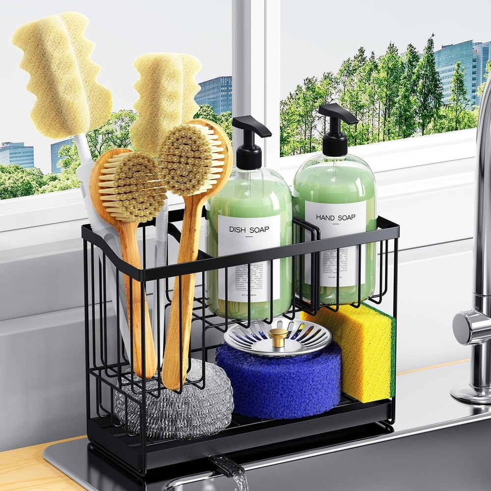 Kitchen Sink Caddy, 2-Tier Self-Draining Sponge & Dish Brush Holder, Rustproo...