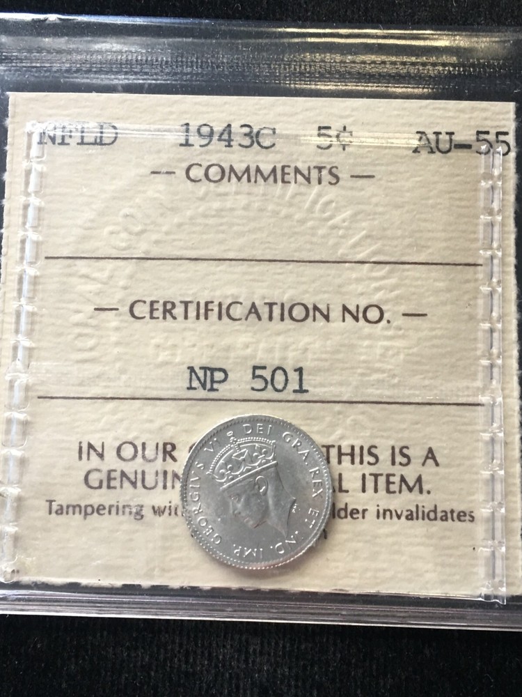 1943c, ICCS Graded Newfoundland Five Cent, **AU-55**