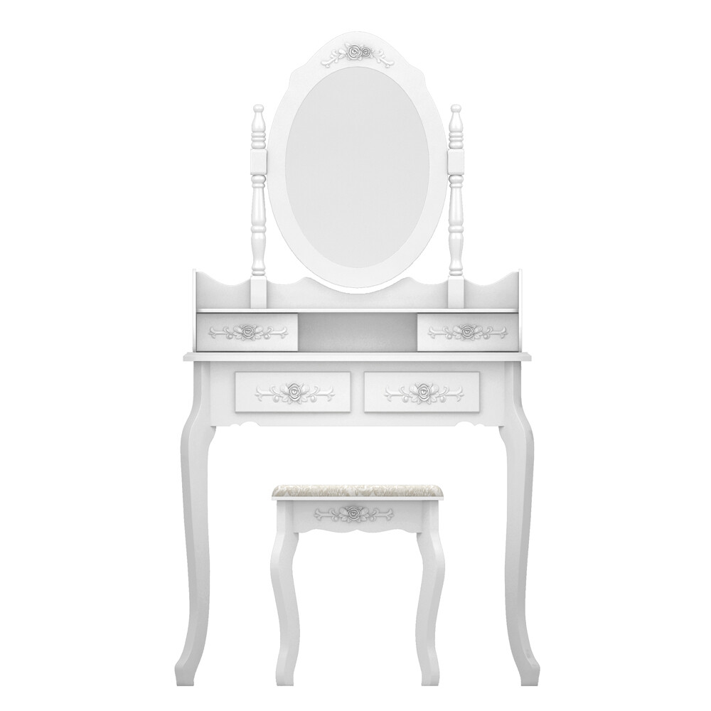 White Vanity Makeup Dressing Table Set w/Stool 4 Drawer&Mirror Jewelry Wood Desk