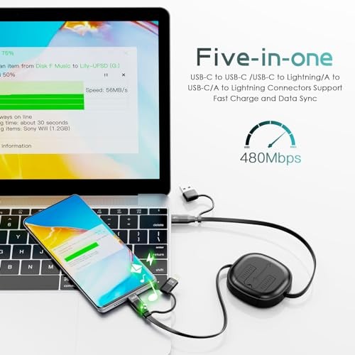 Multi Charging Cable, 2Pack 5 in 1 Retractable Lightning Charger Cable 60W