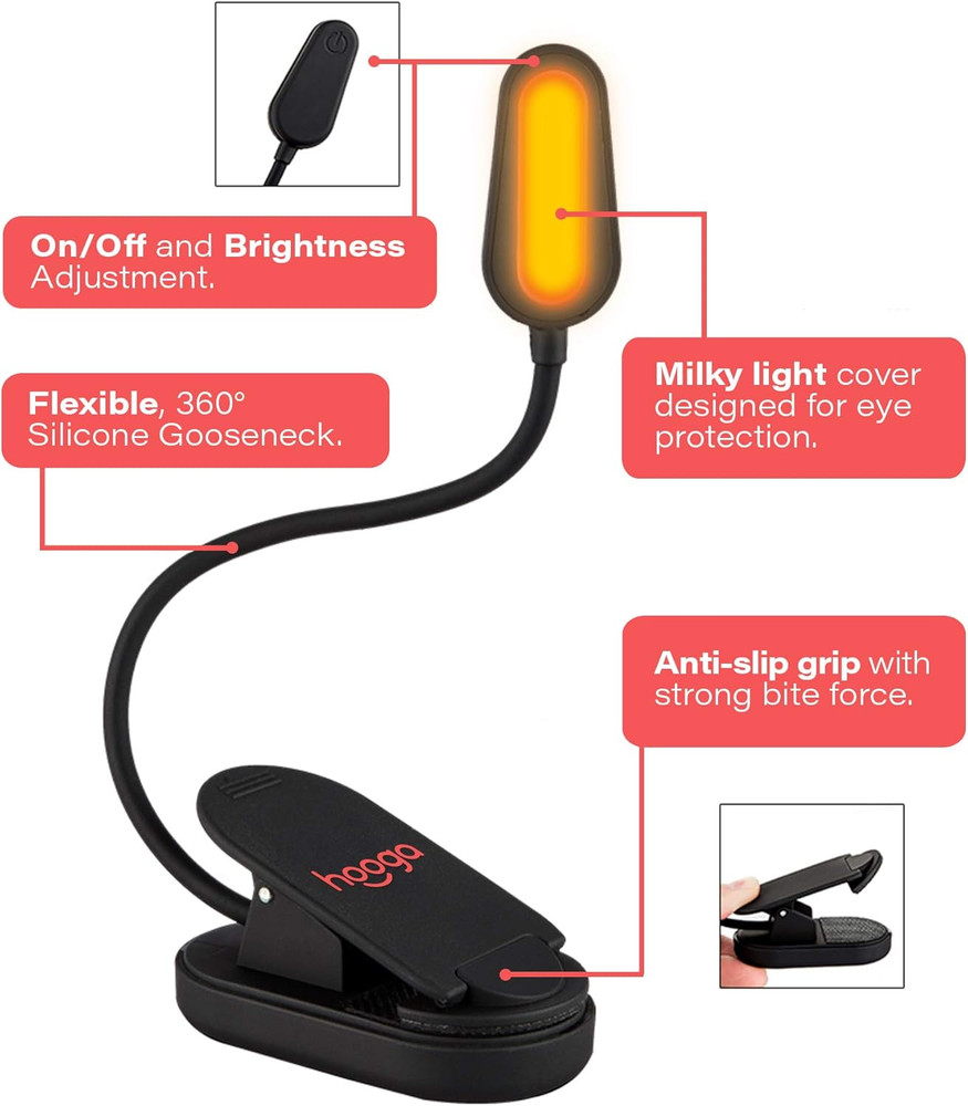 Amber Book Light, Rechargeable Clip-On Blue Light Blocking LED Reading Light, 16