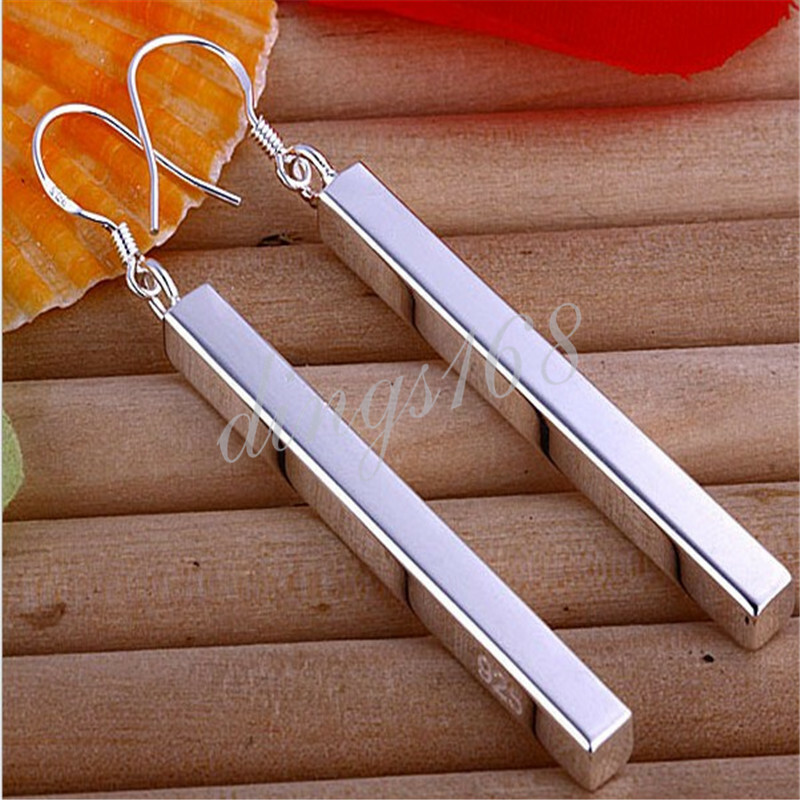 Solid 925 Sterling Silver Stunning Long Vertical Bar Shaped Dangle Earrings H100