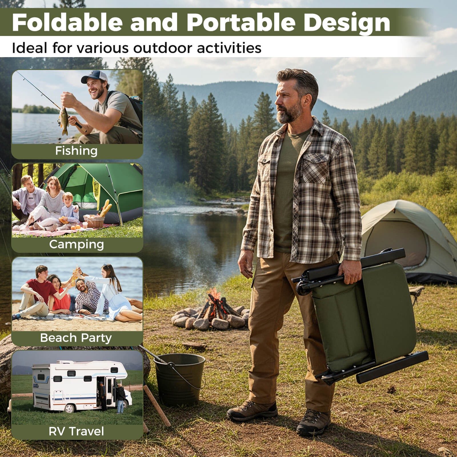 Oversized Foldable Fishing Chair Camping Chair w/ Large Adjustable Feet Armrest