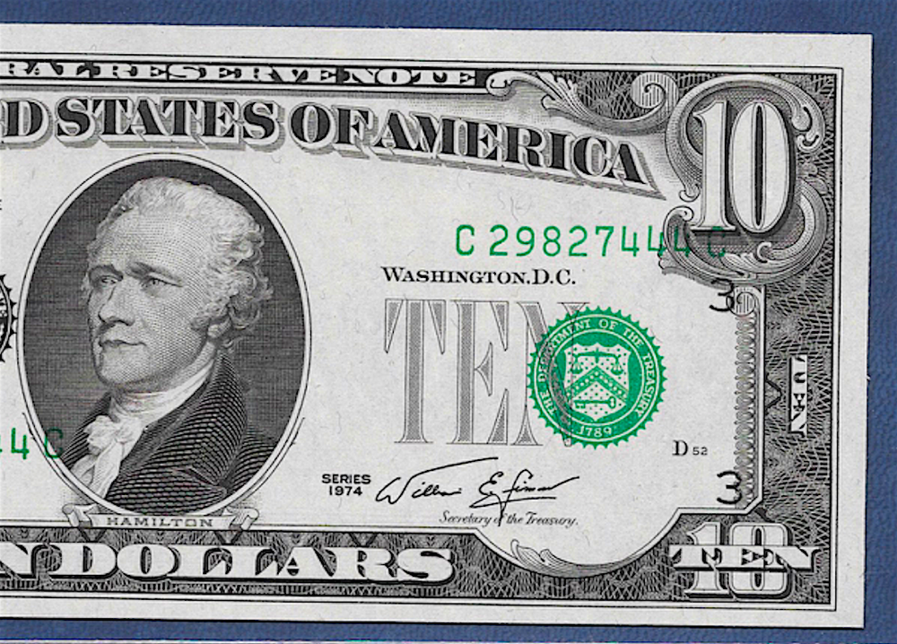 🇺🇸 1974 $10 ERROR ♚♚MISALIGNED OVERPRINT♚♚ PCGS GEM NEW 65 PPQ