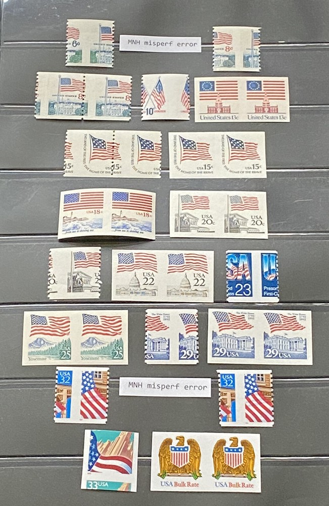 US POSTAGE MINT ERROR STAMPS-PATRIOTIC FLAGS-MISPERFS & MISSING PERF PAIRS-MNH