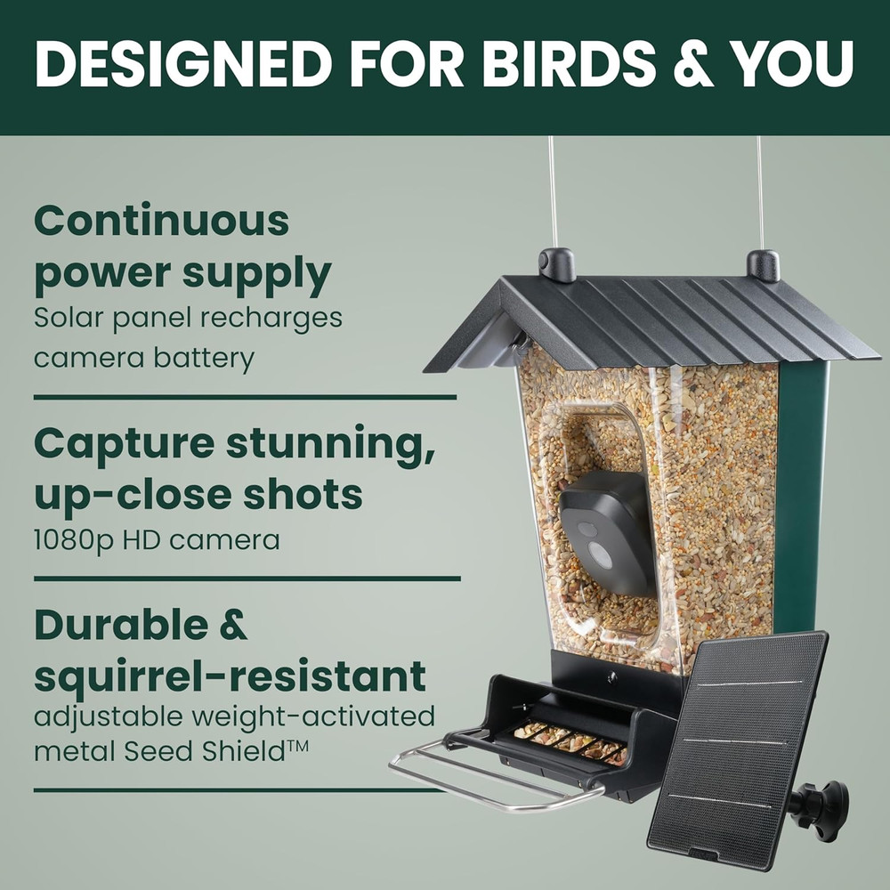 Solar Powered Smart Bird Feeder with Camera - Squirrel-Resistant, 3.2L Capacity,