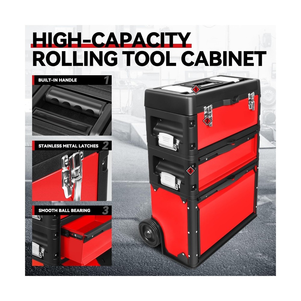 Auto Dynasty Stackable Tool Box 3-Tier Tool Separate Organizer Rolling Tool C...