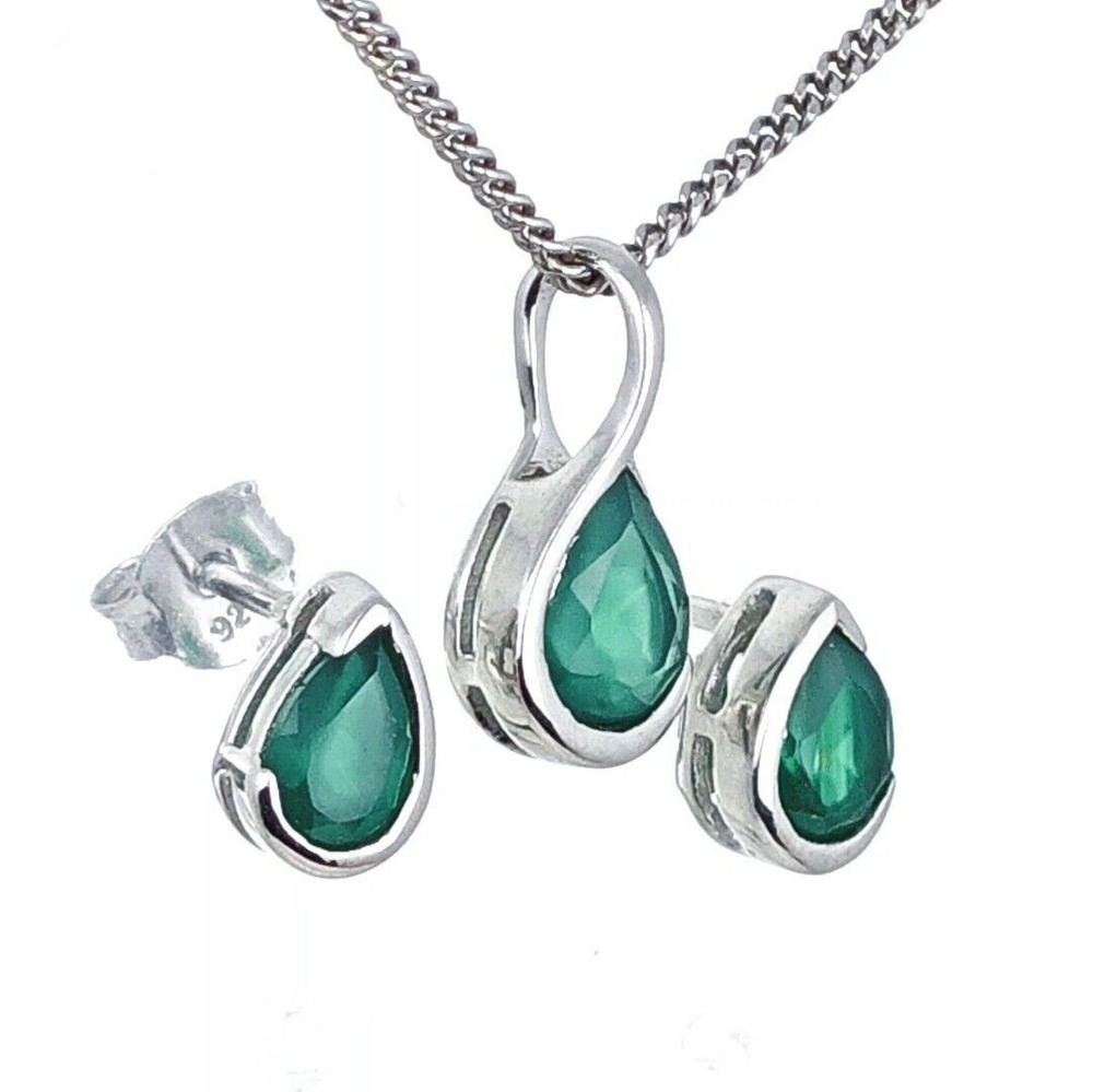 Onyx Green Set Pendant Earrings Sterling Silver Studs Infinity Loop