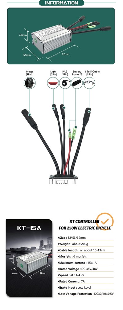 36V 48V 15A Controller Waterproof Conversion Kit with Display Throttle PAS 1T4