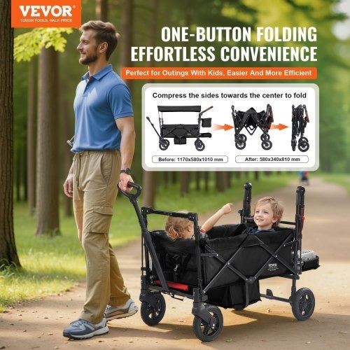 Wagon Stroller for 2 Kids Push Pull Quad Collapsible Stroller with Adjustable