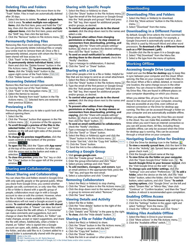 Google Drive Training Guide Quick Reference Card 2 Page Cheat Sheet Instructions