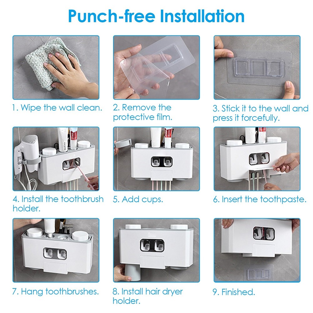 Toothbrush Holder Automatic Toothpaste Dispenser with 5 Toothbrush Slots 2 Cups