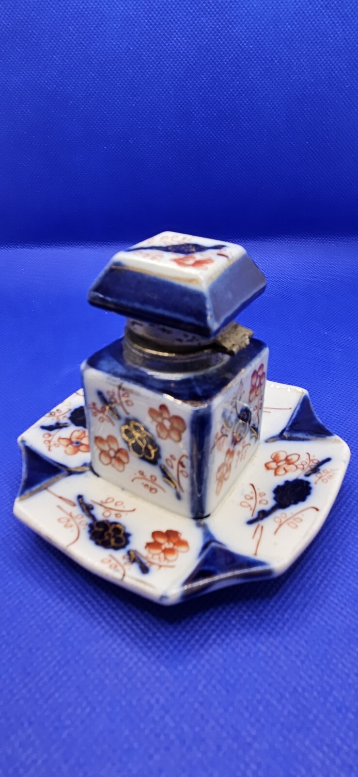 Imari Inkwell Japanese Porcelain Lidded Victorian Cherry Blossom Antique