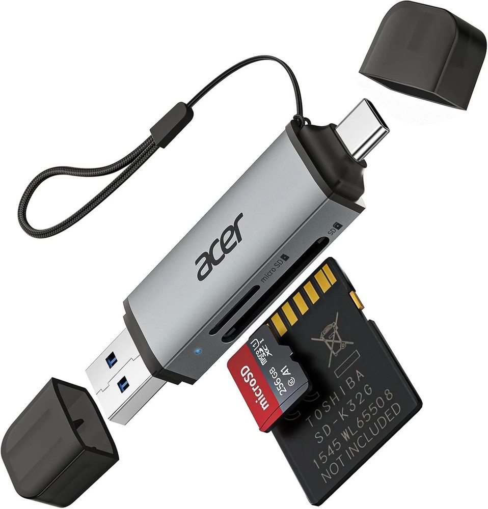 Acer SD Card Reader USB C, Dual Slots 3.0 Type C to Micro Grey