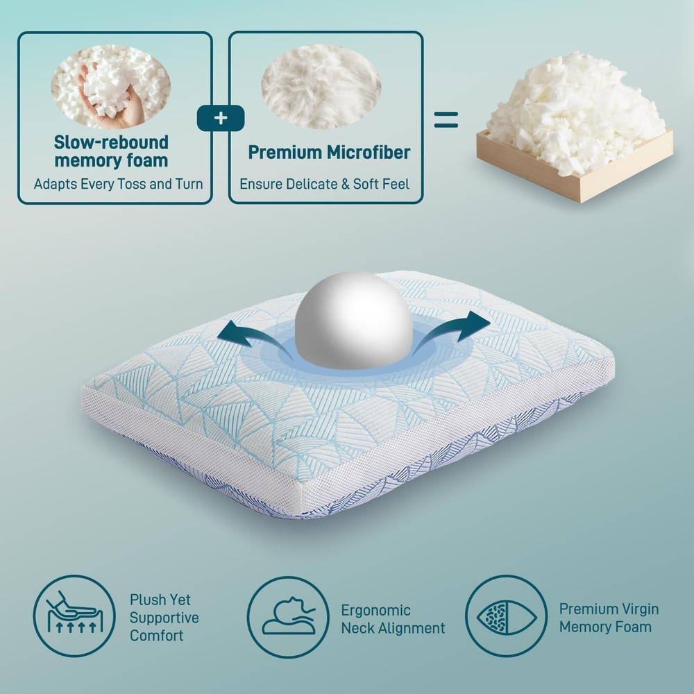 Shredded Memory Foam Cooling Soft Bamboo Viscose Pillows Adjustable Hypoaller...