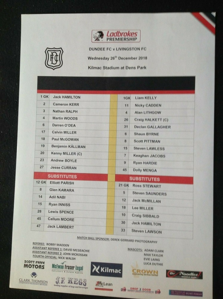 2018/19 Dundee v Livingston teamsheet