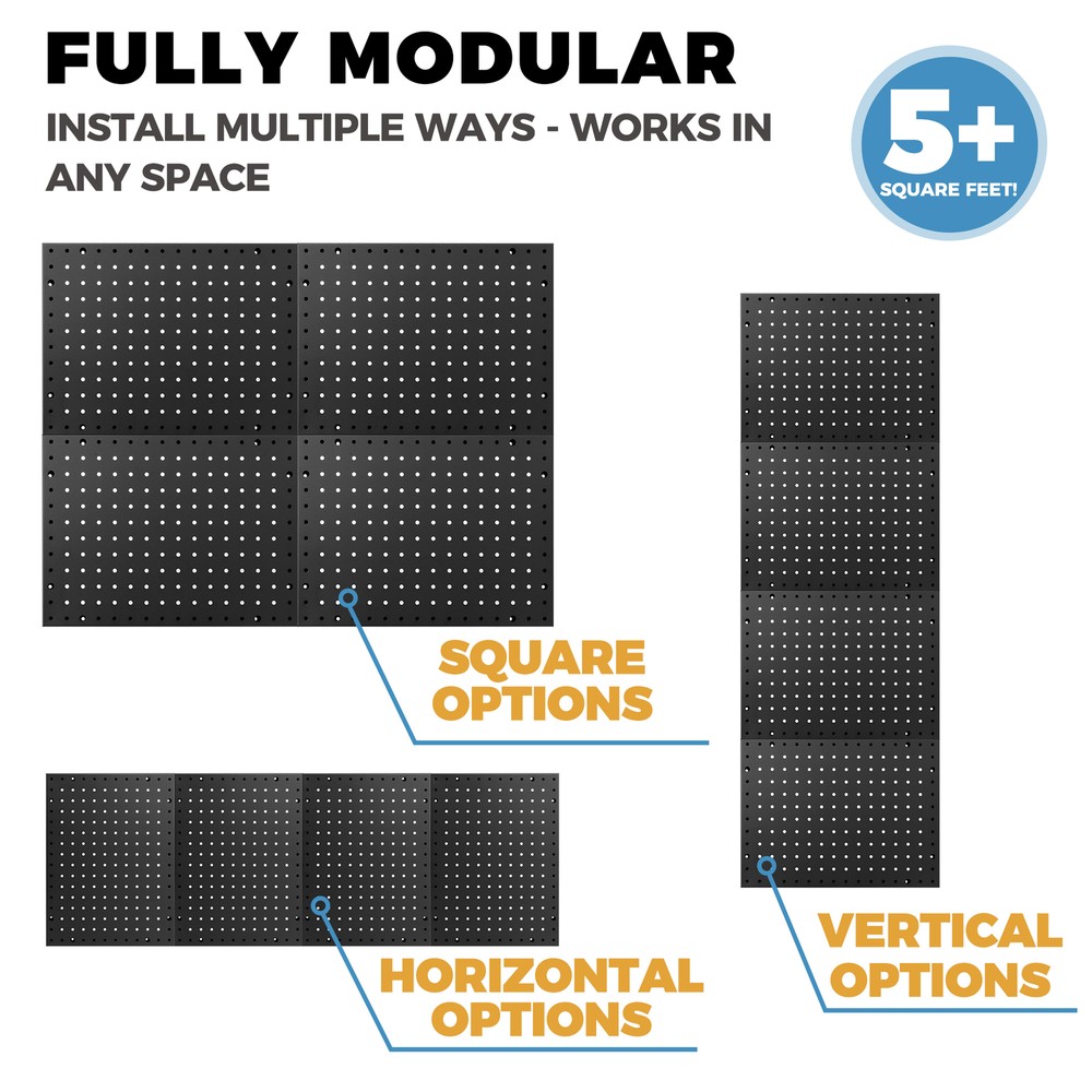 Heavy Duty 4-Panel Pegboard Wall Organizer With 32 Peg Hooks - Black
