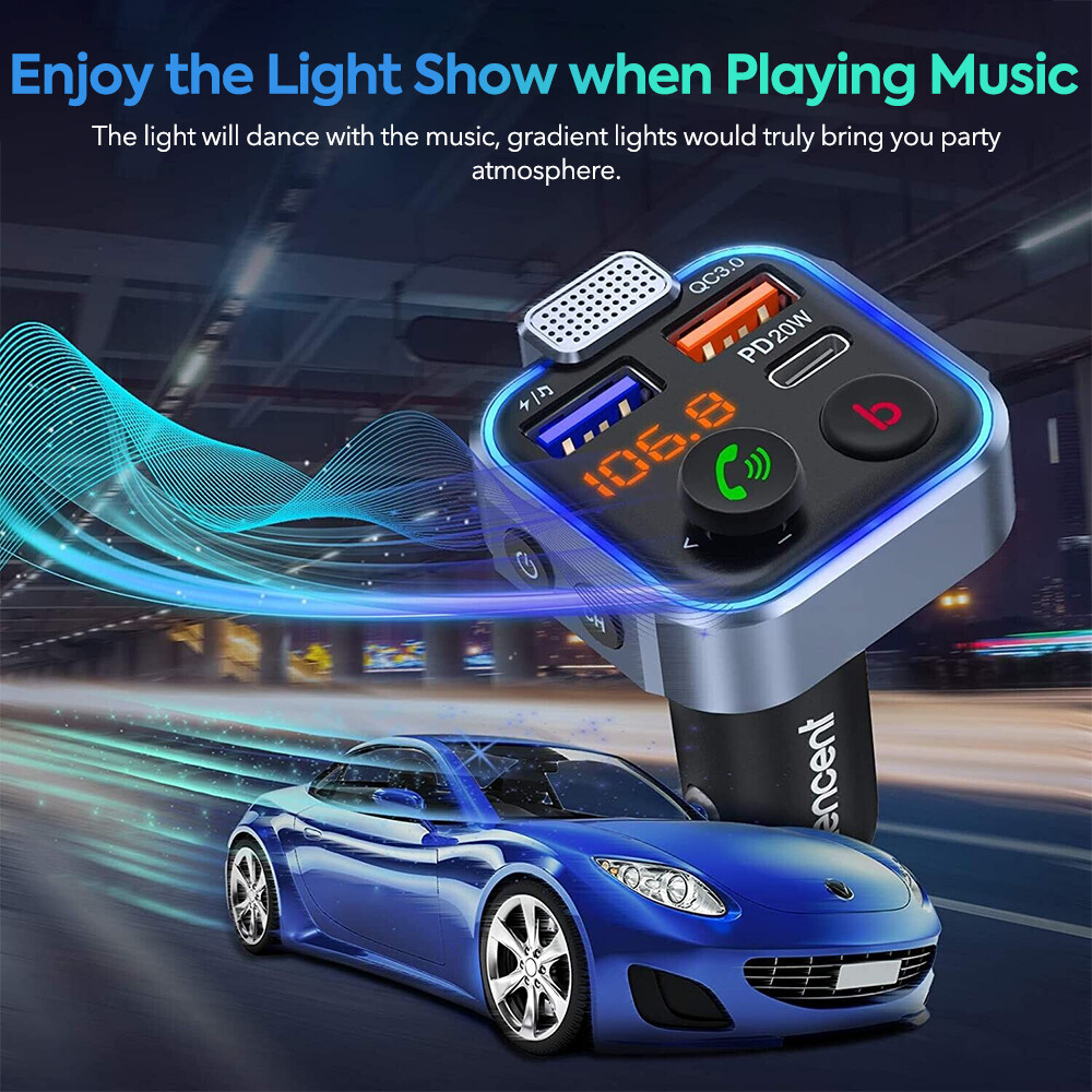 Bluetooth 5.0 Car Wireless FM Transmitter Adapter 2USB PD Charger AUX Hands-Free