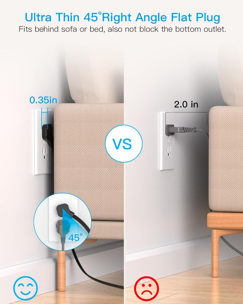 Power Strip Surge Protector, 5Ft Ultra Thin Flat Extension Cord with Multiple...