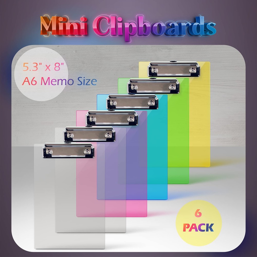Mini Clipboards (6 Pack), Plastic, Low Profile Clips, Assorted Translucent Co...