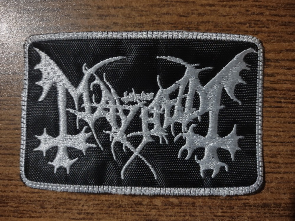 MAYHEM,SEW ON WHITE WITH WHITE BORDER EMBROIDERED PATCH