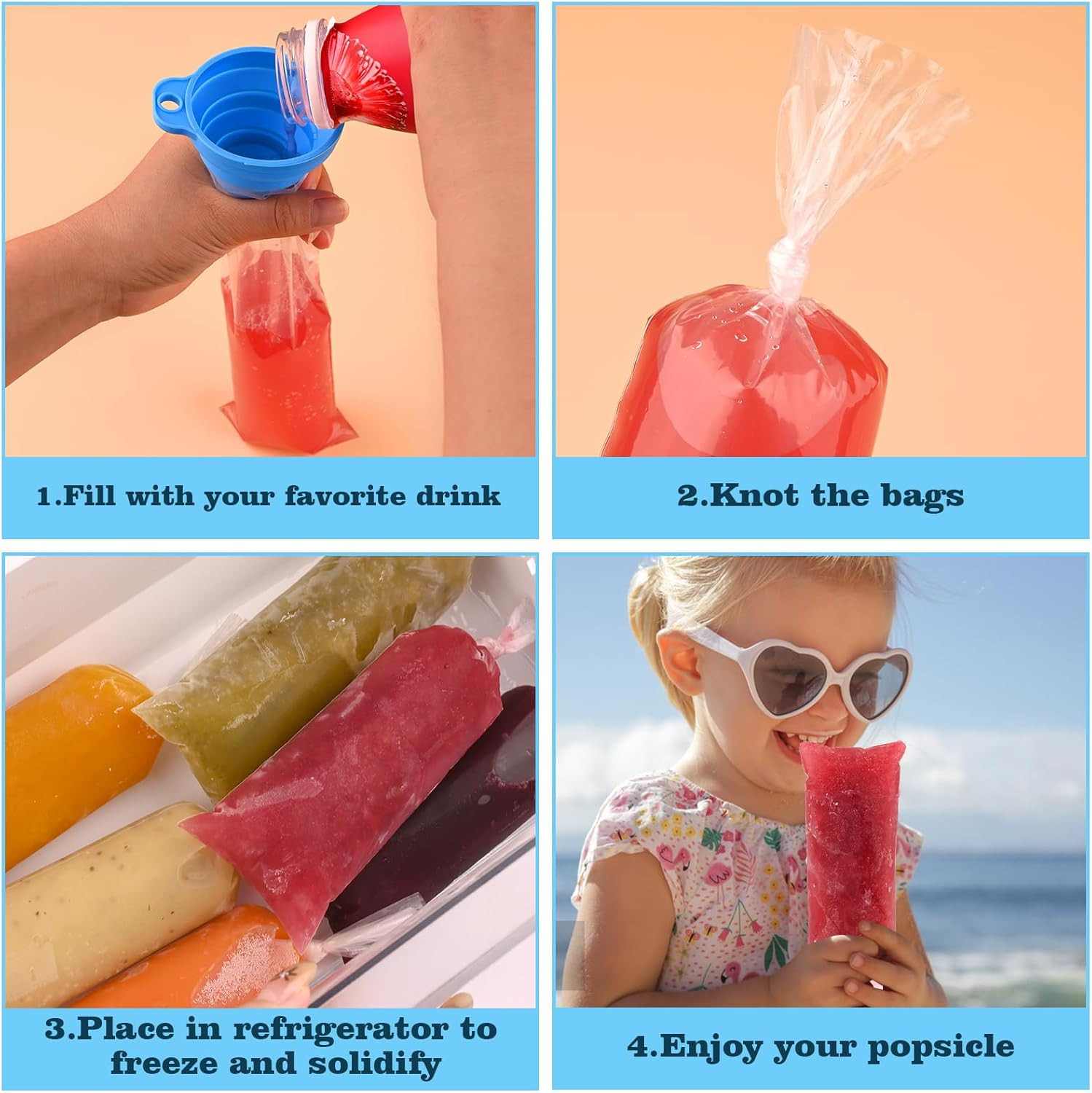 Ice Lolly Bags Disposable, Ice Cream Mold Bags with Silicone Funnel. 3 X 12 Inch