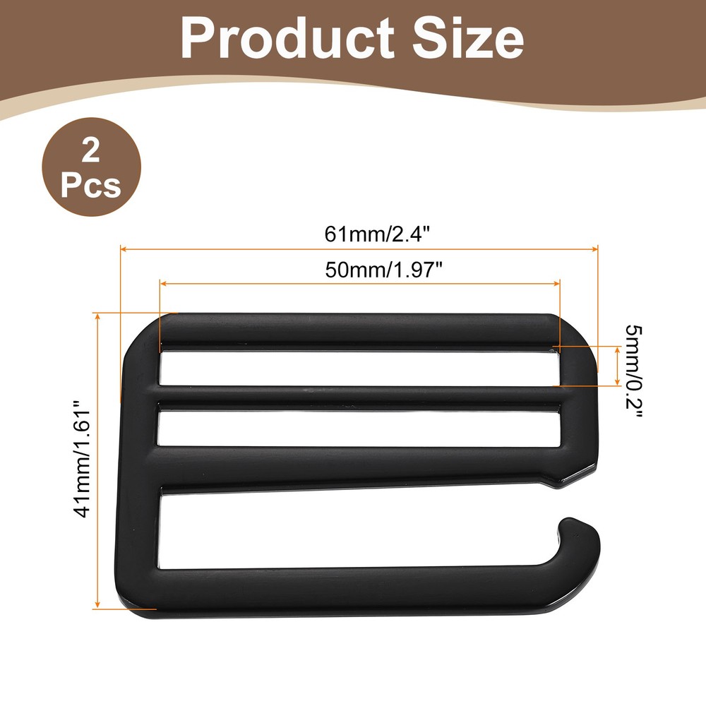 2Pcs G-Hook Webbing Buckles 50mm Flat Tri-Glide Black