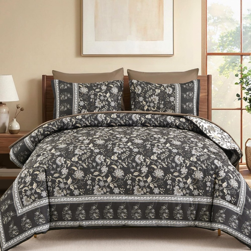 Dinjoy Comforter Set King Size Boho, Reversible Brown Gray King,