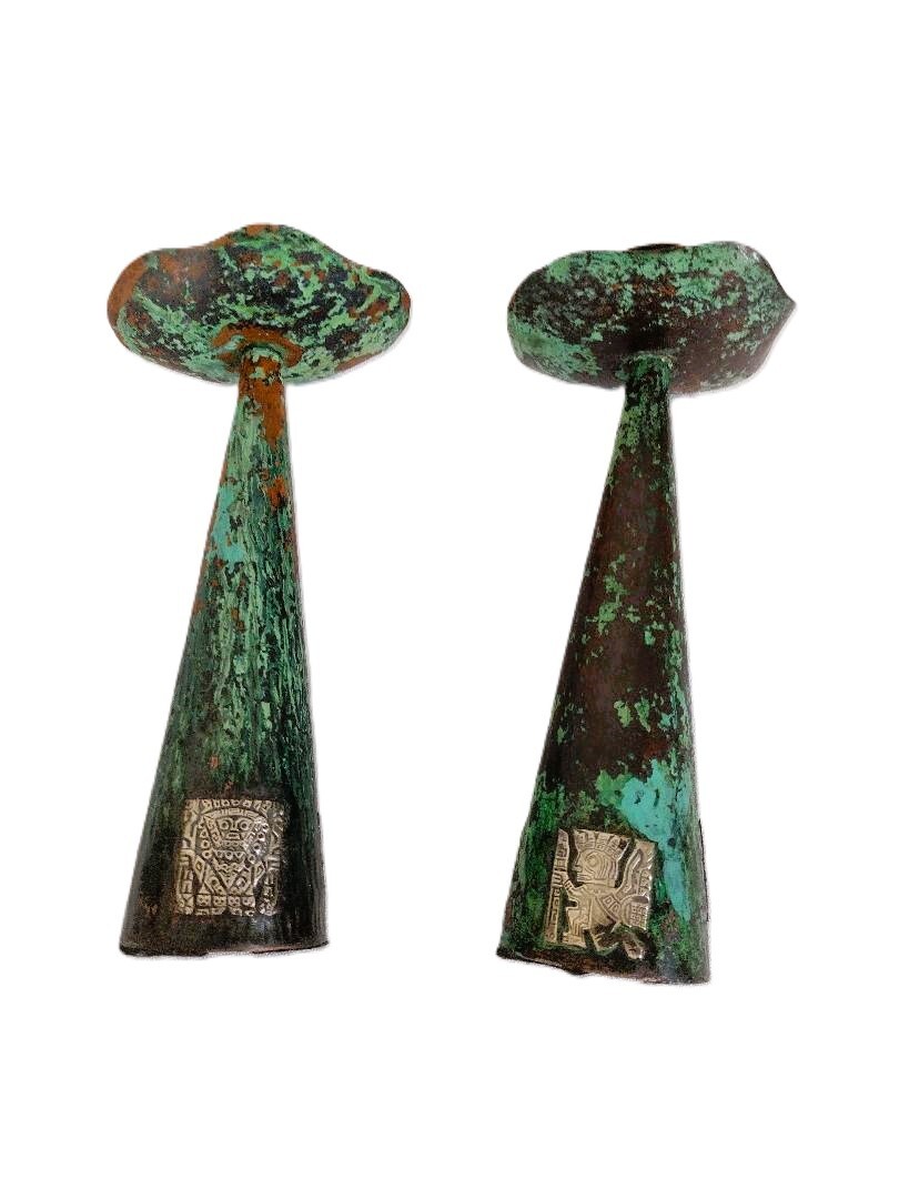 1960’s Peru Copper 7" Candle Holder Pair Inlaid Silver Incan Motif Deities Llama