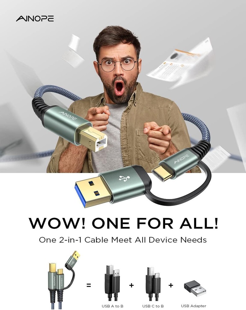 USB Printer Cable 6.6FT [Plug & Play] USB-A & USB-C to USB-B 2.0