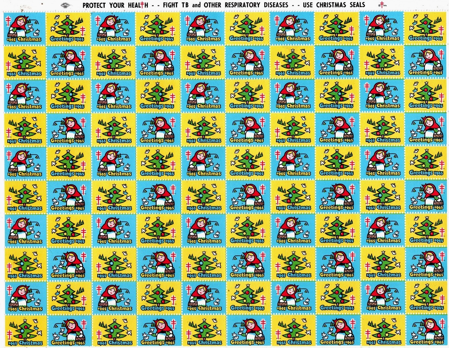 US Stamp Scott #WX222, Christmas Seals 1965, Full Sheet of 100, MNH