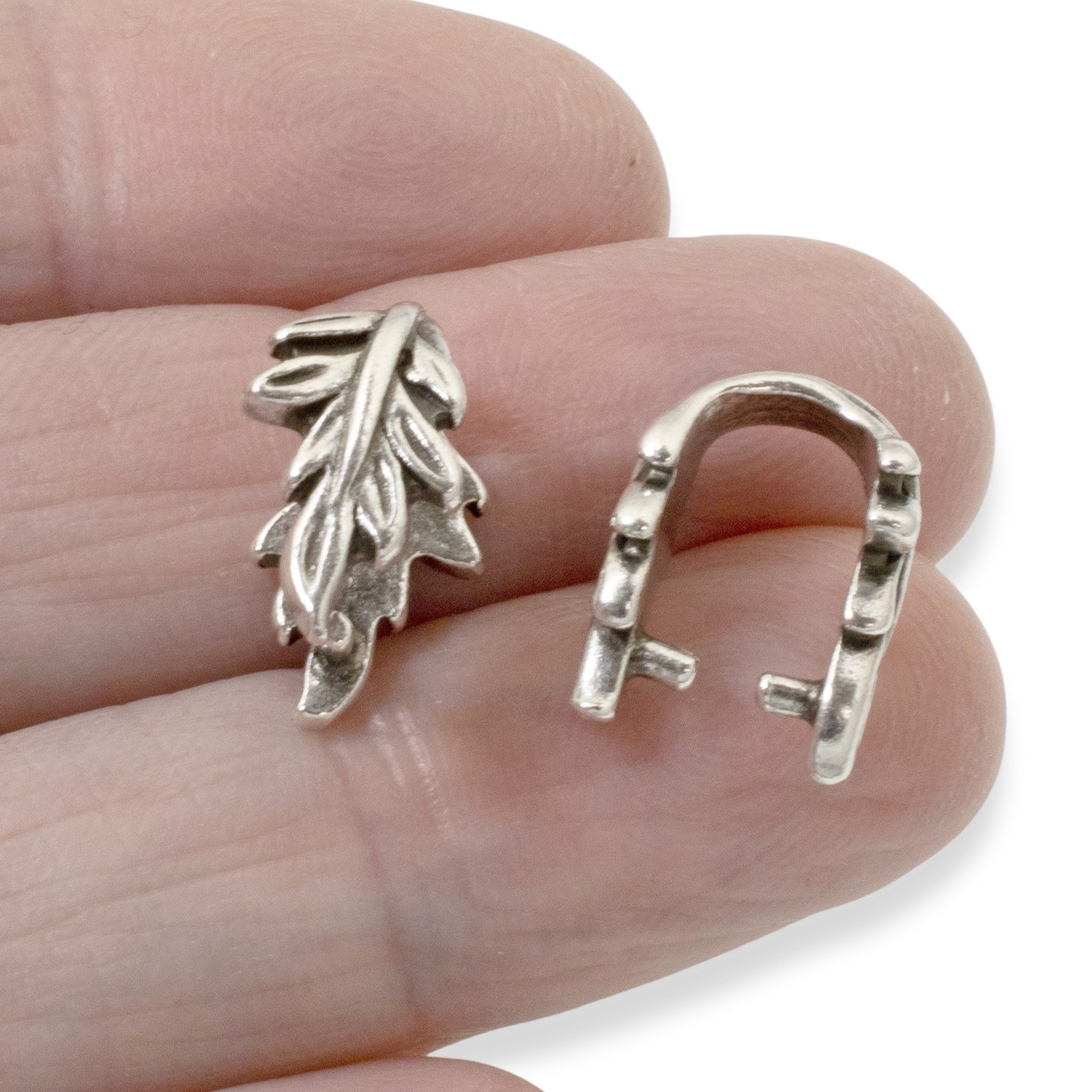 4 Silver Leaf Pendant Pinch Bails, Elegant Botanical Design for Jewelry Making