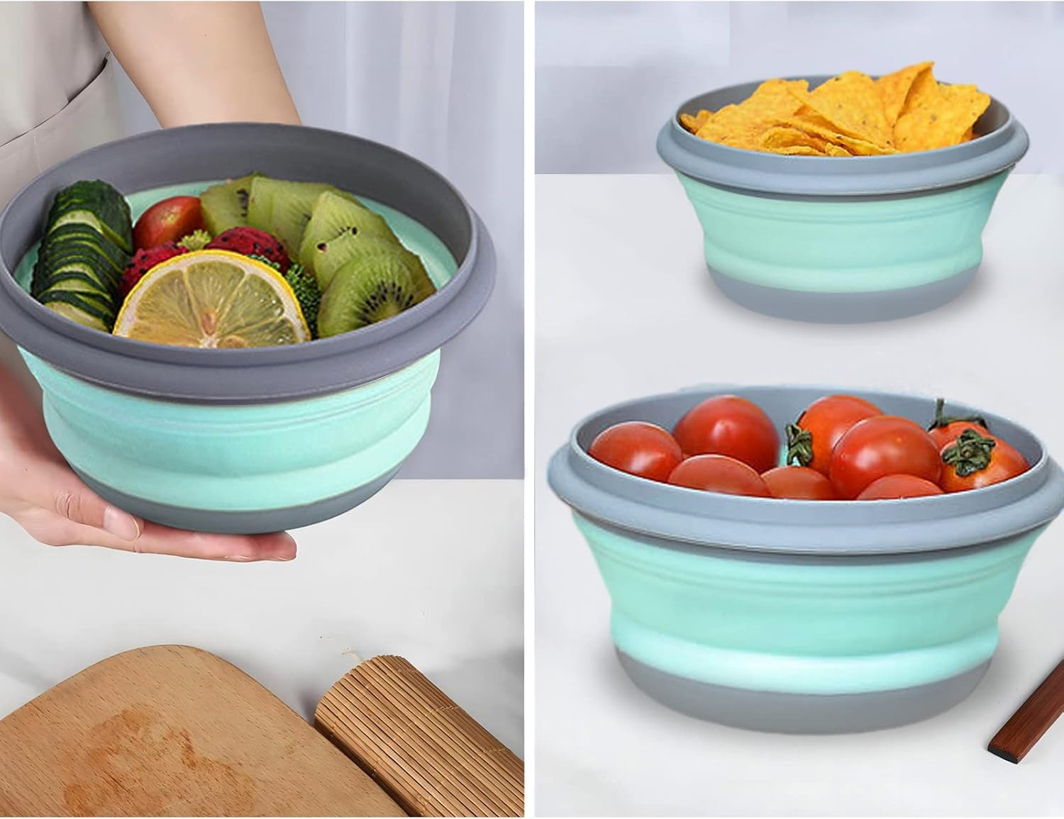 Collapsible Bowls, 3Pcs Food Grade Silicone Camping Bowl Salad Bowl with Lids, P