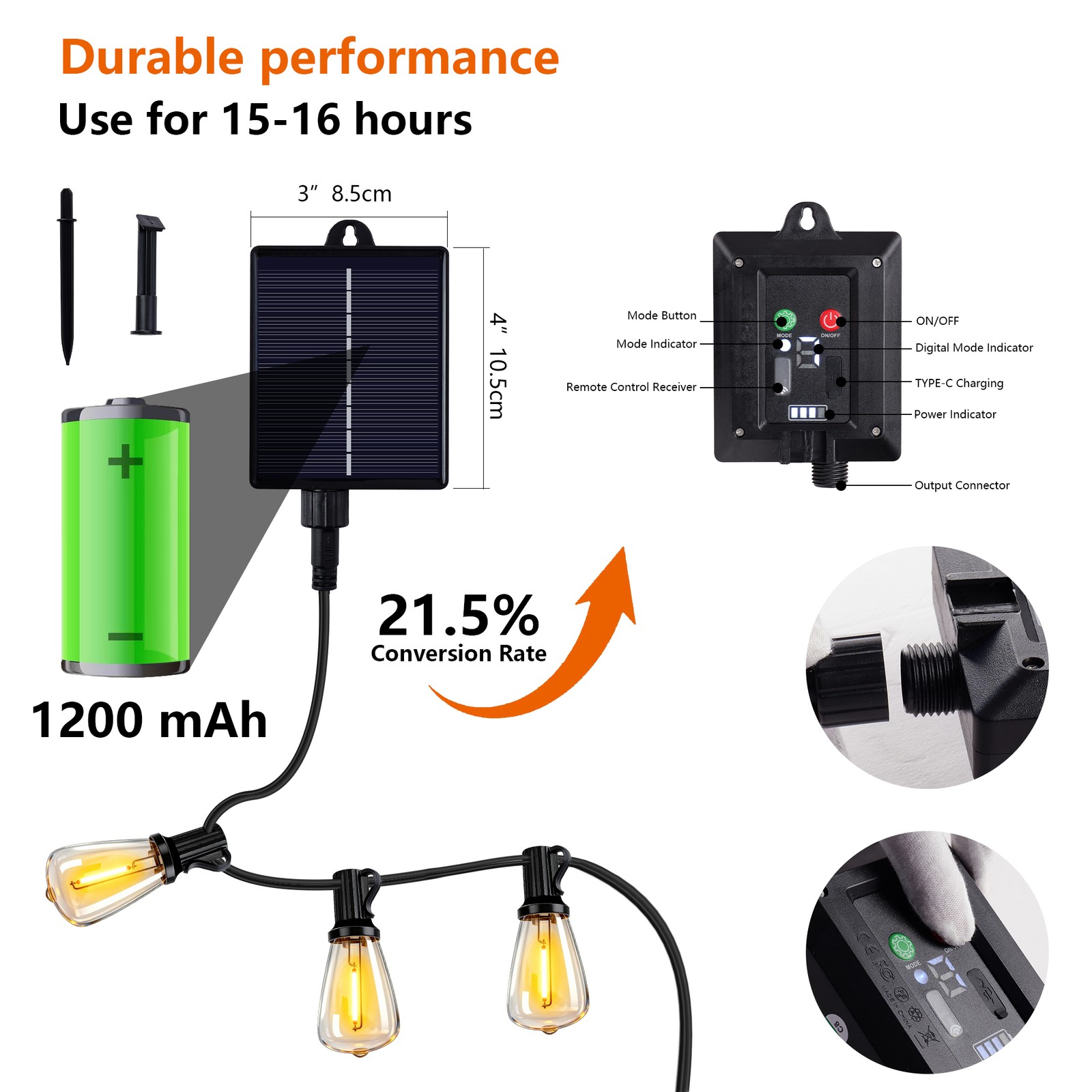 60FT Solar String Lights Outdoor Waterproof Patio w Remote Control 16 ST38 Bulbs