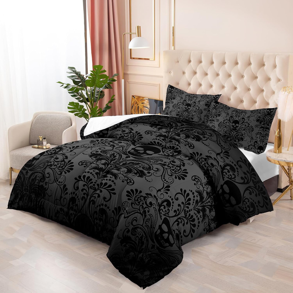 Skull Bedding Set - King Size Gothic Boho Comforter Set with Skull Pattern