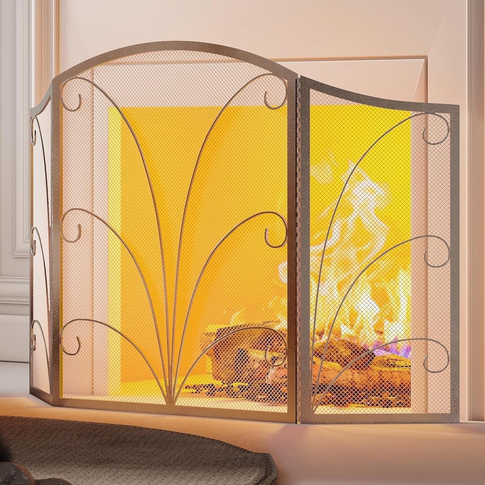 3-Panel Arched Fireplace Screen Decorative Handcrafted Scroll Wrought Iron