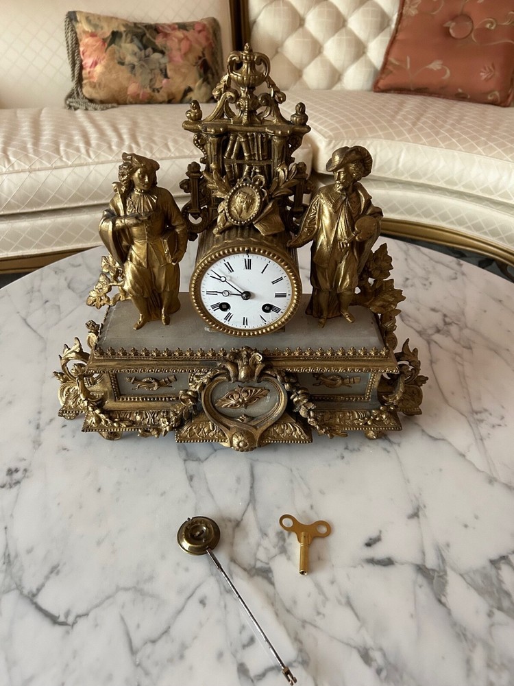 French Romantic Gilded Table clock double statue painter poet alabaster base