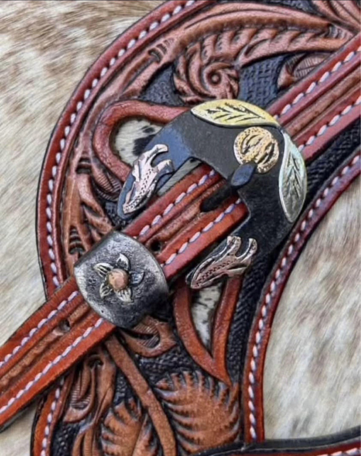 Adult Size Tooled Top Grain Leather Hair On Cowhide Western PAIR Spur Straps