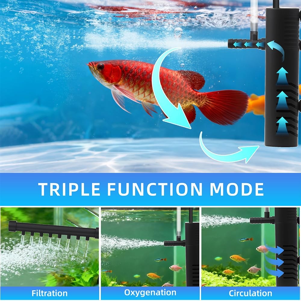Submersible Aquarium Filter 53 GPH for 2-10 Gallon Tanks, Multi-Function Pump